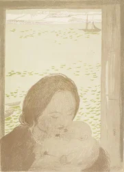 Mor och barn vid havet i Pouldu, 1900 (färglitografi på papper)